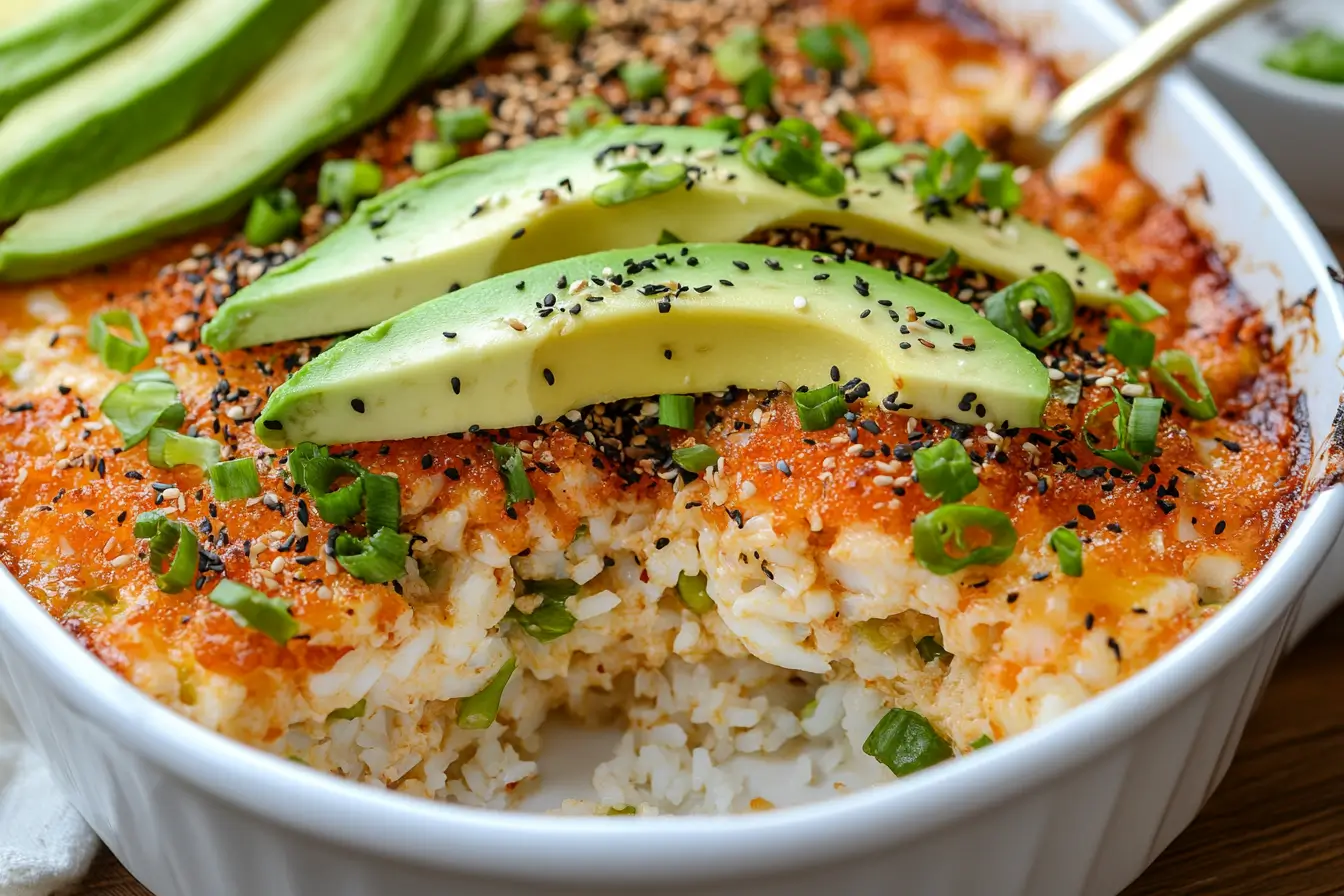 Sushi bake recipe with creamy seafood topping, avocado, and furikake