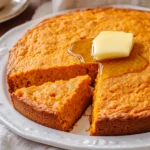 Golden sweet potato cornbread with butter and honey on a white plate.