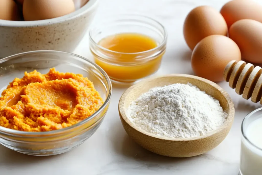 Sweet potato cornbread ingredients including flour, eggs, sweet potato puree, and honey.