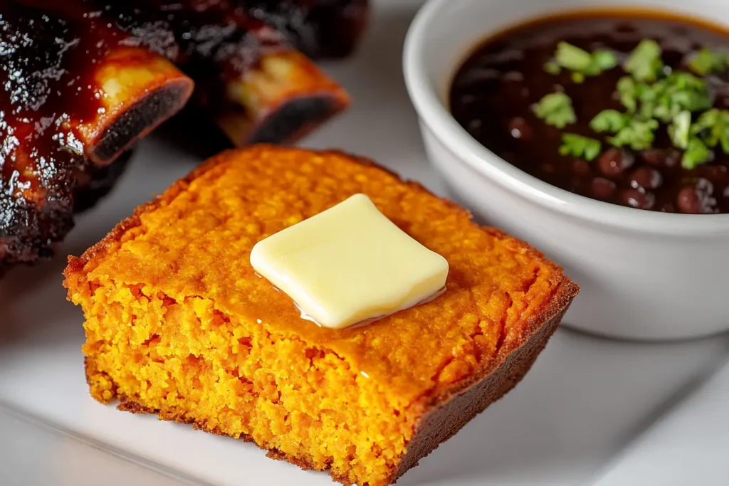 Sweet potato cornbread with butter, black bean soup, and barbecue ribs.