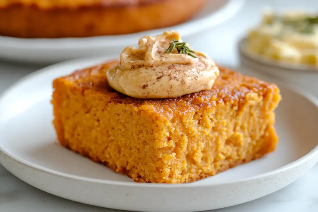 Sweet potato cornbread with cinnamon-honey butter on top.