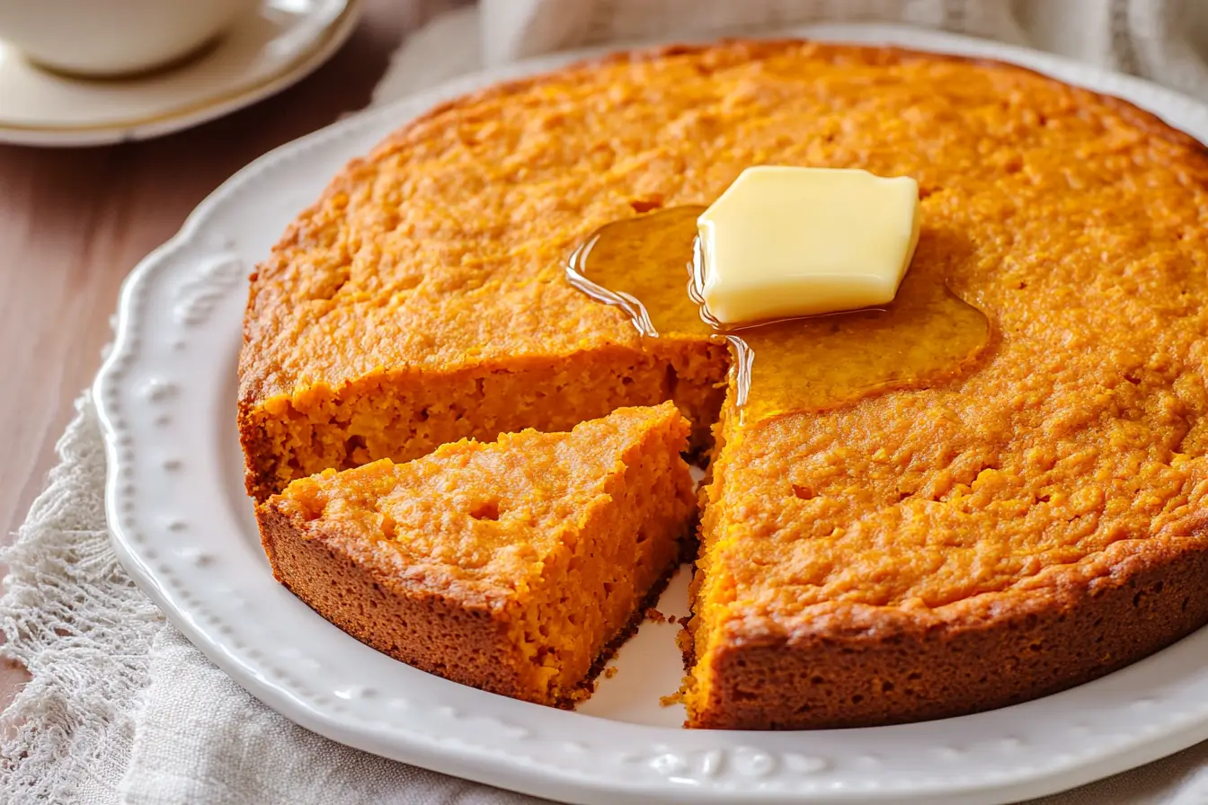 Golden sweet potato cornbread with butter and honey on a white plate.