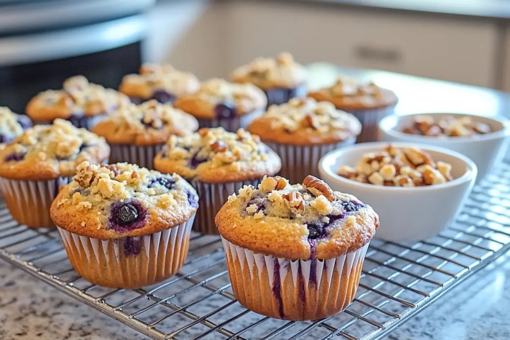 Freshly baked sourdough blueberry muffins with streusel topping and chopped nuts.