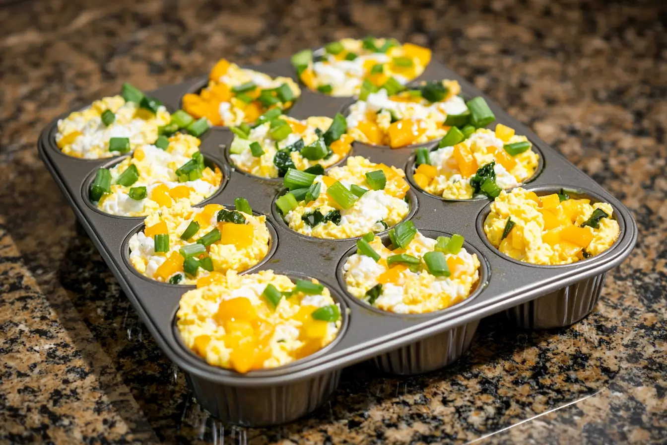 Filling muffin tin with egg bites mixture