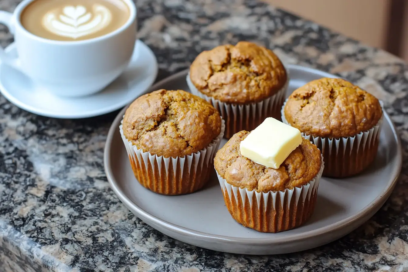 Protein pumpkin muffins with butter and coffee