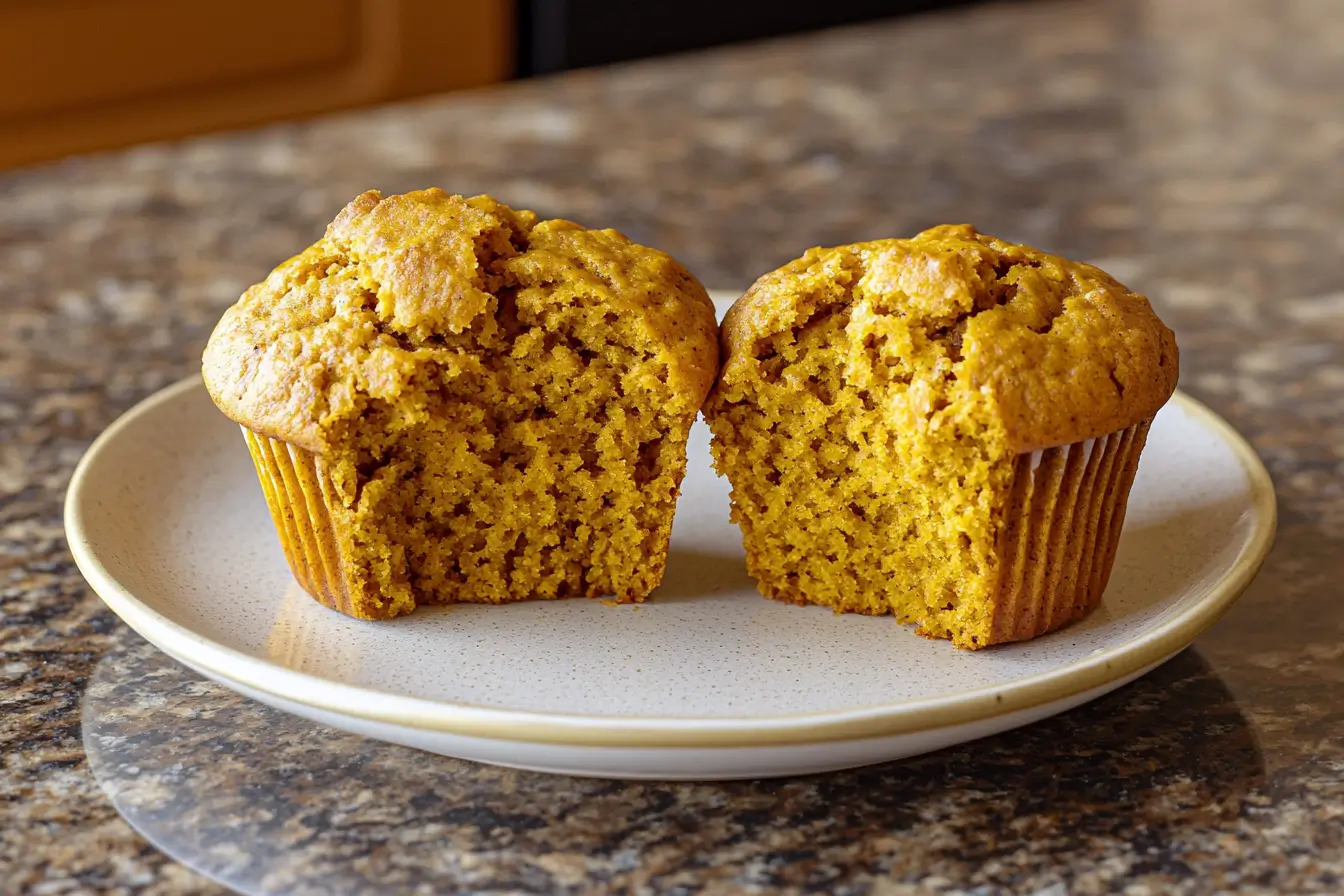 Inside of a protein pumpkin muffin showing texture.